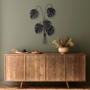 Decoratiune de perete Monstera metalica neagra 60x100x12 cm pictata manual - imagine 2