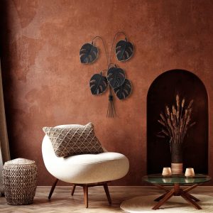 Decoratiune de perete Monstera metalica neagra 60x100x12 cm pictata manual - imagine 3