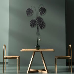 Decoratiune de perete Monstera metalica neagra 60x100x12 cm pictata manual - imagine 1