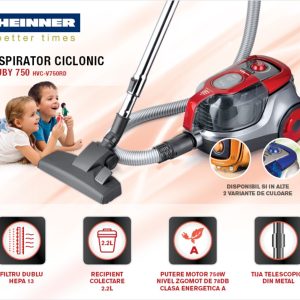 Aspirator fara sac Heinner 750W rosu cu filtru HEPA 13 si recipient 2.2L, tija telescopica din metal, putere de aspirare variabila si sistem ciclonic - imagine 3