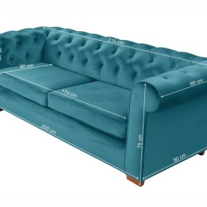 Canapea extensibila Oxford Chesterfield 3 locuri 88x216x75 cm Azur material textil eleganta si confortabila - imagine 4