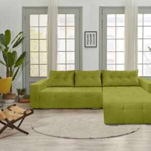 Coltar extensibil Venice 287x169 cm verde cu lada de depozitare, reversibil, fabricat in Romania