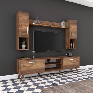 Comoda TV Wren cu raft de perete si 2 cabinete, 180 x 35 x 48.6 cm, walnut, asamblare necesara - imagine 3