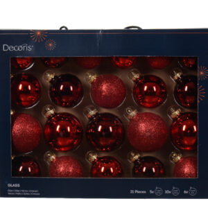 Cutie cu 21 globuri asortate Baubles din sticla roșie cu sclipici Ø5-Ø7 cm pentru decoratiuni de Crăciun