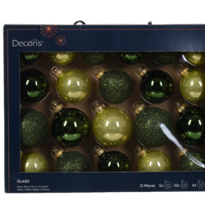 Cutie 21 globuri asortate sticlă verde Ø7 cm/Ø6 cm/Ø5 cm cu sclipici și lucios