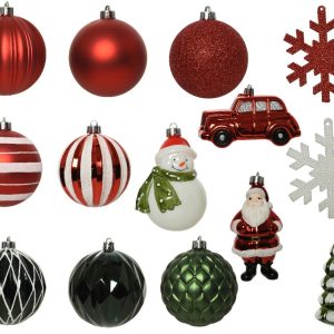 Cutie cu 25 globuri asortate din plastic rosu verde alb 8 cm omuleti masini brazi fulgi de zapada - imagine 3