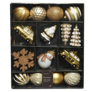 Cutie cu 25 globuri Decoris plastic alb auriu cupru 33x8.5x40.2 cm set decoratiuni Craciun - imagine 3