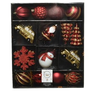 Cutie cu 25 de globuri decorative din plastic rosu/auriu, dimensiune 33x8.5x40.2 cm, include globuri, omuleti de zapada, masini, brazi si fulgi de zapada - imagine 2