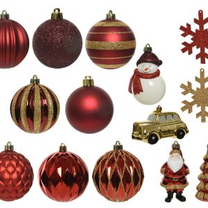 Cutie cu 25 de globuri decorative din plastic rosu/auriu, dimensiune 33x8.5x40.2 cm, include globuri, omuleti de zapada, masini, brazi si fulgi de zapada - imagine 3