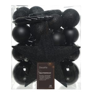 Cutie cu 33 globuri asortate si varf de brad negru Star Black, decoratiuni din plastic pentru Craciun, globuri de 50mm, 60mm, 80mm - imagine 2