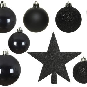 Cutie cu 33 globuri asortate si varf de brad negru Star Black, decoratiuni din plastic pentru Craciun, globuri de 50mm, 60mm, 80mm - imagine 3