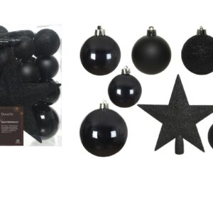 Cutie cu 33 globuri asortate si varf de brad negru Star Black, decoratiuni din plastic pentru Craciun, globuri de 50mm, 60mm, 80mm - imagine 1