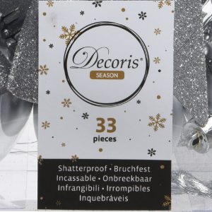 Cutie 33 globuri asortate argintii din plastic cu varf de brad stea Decoris, dimensiuni diverse - imagine 4