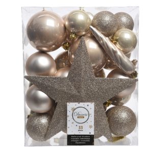 Cutie 33 globuri asortate plastic sampanie cu varf brad stea 8 cm 6 cm 5 cm  turture - imagine 2