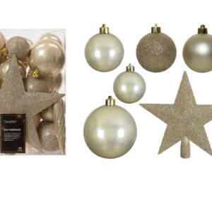 Cutie 33 globuri asortate plastic sampanie cu varf brad stea 8 cm 6 cm 5 cm  turture - imagine 1