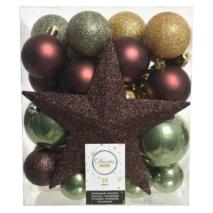 Cutie 33 globuri asortate cu varf de brad stea decorativ, plastic verde visiniu auriu argintiu, diametre 5-8 cm - imagine 1