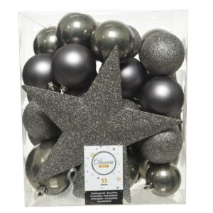 Cutie 33 globuri asortate 80mm 60mm 50mm argintii vârf de brad Star Silver plastic decoratiuni Crăciun - imagine 1