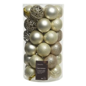 Cutie 37 globuri Champagne mix 6 cm plastic Decoris cu agatatoare decoratiuni Craciun - imagine 3