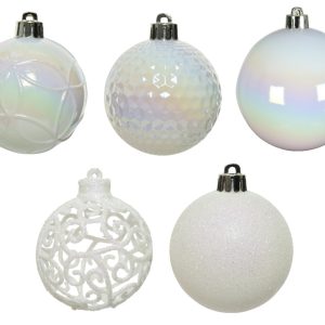 Cutie cu 37 globuri decorative albe din plastic, diametru 6 cm, mix de modele pentru Crăciun - imagine 2