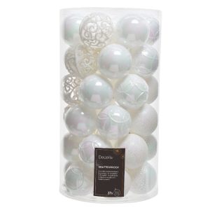 Cutie cu 37 globuri decorative albe din plastic, diametru 6 cm, mix de modele pentru Crăciun - imagine 3