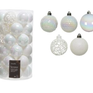 Cutie cu 37 globuri decorative albe din plastic, diametru 6 cm, mix de modele pentru Crăciun - imagine 1