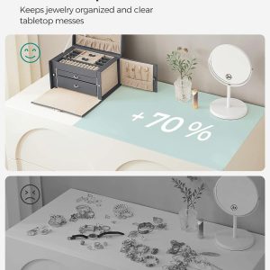 Cutie bijuterii gri 3 etaje cu oglindă din MDF și piele ecologică Vasagle 26x18x17 cm - imagine 5