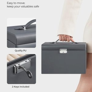 Cutie bijuterii gri 3 etaje cu oglindă din MDF și piele ecologică Vasagle 26x18x17 cm - imagine 6