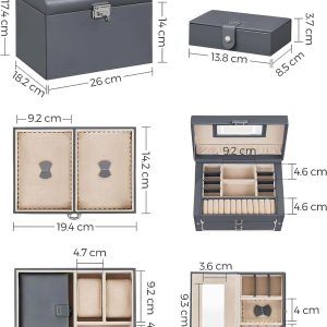 Cutie bijuterii gri 3 etaje cu oglindă din MDF și piele ecologică Vasagle 26x18x17 cm - imagine 7