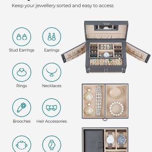 Cutie bijuterii gri 3 etaje cu oglindă din MDF și piele ecologică Vasagle 26x18x17 cm - imagine 8