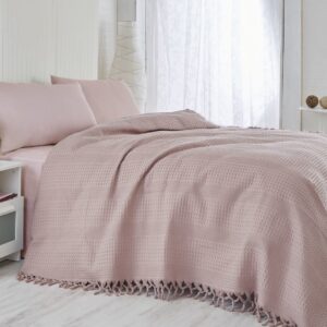 Cuvertura de pat dubla Saheser 220x240 cm lila 100% bumbac 340 gr/m² ciucuri lucrati manual