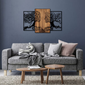 Decoratiune de perete Tree Love din lemn si metal, 125 x 3 x 79 cm, nuc negru, design modern pentru interior
