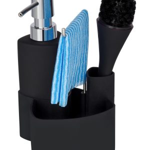 Dozator detergent lichid cu perie pentru vase și suport laveta Wenko Empire 11x19x12.5 cm ceramică inox polipropilenă negru elegant și funcțional - imagine 3