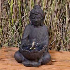 Fantana decorativa solara LED Buddha 45cm antracit IP68 pentru gradina, materiale de calitate superioara - imagine 2