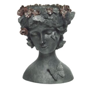 Ghiveci Antic Bust Femeie cu Flori Decoris 21.5cm din Polirasină, Piesă de Artă pentru Decor Interior