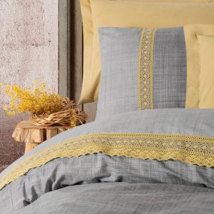 Lenjerie de pat pentru doua persoane Hazel 6 piese 200x220 cm 100% bumbac ranforce galben mustar cu detalii brodate - imagine 2