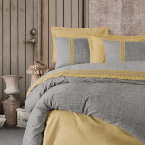 Lenjerie de pat pentru doua persoane Hazel 6 piese 200x220 cm 100% bumbac ranforce galben mustar cu detalii brodate - imagine 1