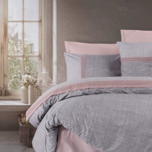 Lenjerie de pat roz pudra pentru doua persoane, 200x220 cm, 100% bumbac ranforce, 6 piese, detalii brodate - imagine 1