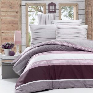 Lenjerie de pat dubla King Size Victoria Savoy Lilac 4 piese 100% bumbac ranforce alb lila 200x220 cm 240x260 cm 50x70 cm - imagine 1