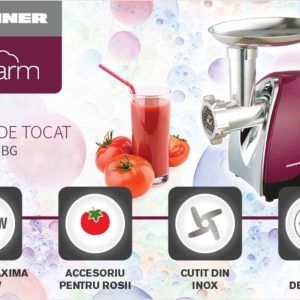 Masina de tocat Heinner Charm 1600W visiniu cu accesorii pentru rosii, carnati si cutit din inox, 3 site de taiere - imagine 3