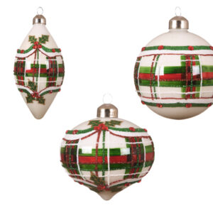 Set 3 globuri decorativ checker cu frunze de holly din sticlă multicoloră, 2 globuri Ø8 cm și 1 glob 6x12 cm