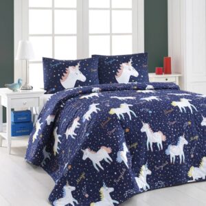 Set cuvertura matlasata dubla 3 piese Magic Unicorn Dark Blue 200x220 cm 65% bumbac 35% poliester Eponj Home