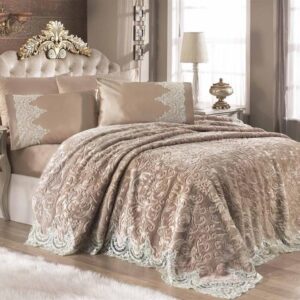 Set de pat 6 piese Bedora Lucy poliester cappuccino cu dantelă 220x240 cm confort și eleganță pentru dormitor