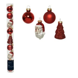 Tub cu 9 globuri Santa Claus din sticlă roșie, 3 globuri strălucitoare Ø3 cm, 3 globuri mate Ø3 cm, 2 globuri 2.8x2.7x6 cm, 1 glob sclipici 3x5.4 cm - imagine 1